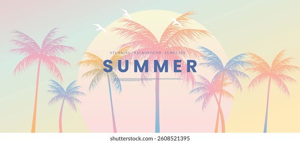Abstract landscape background vector. Panorama view wallpaper in minimal design with sea, beach, mountain, sailboat. Illustration for print, interior, wall art, decoration, cover, banner.