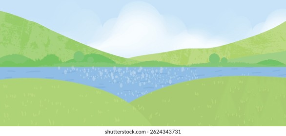 Abstract landscape background vector. Panorama view wallpaper in minimal design with river, mountain, sky. Illustration for print, interior, wall art, decoration, cover, banner.