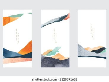 Abstract landscape background with watercolor texture vector. Mountain forest banner design with Natural art decoration in Japanese style. Invitation card.