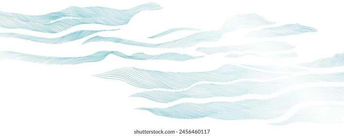 Abstract landscape background with white and blue hand drawn line pattern vector. Ocean sea art with natural template. Banner design and wallpaper in vintage style.