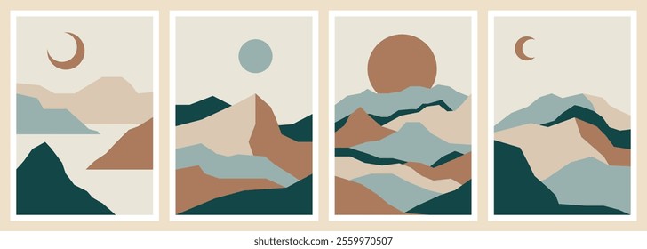 Abstract landscape backgrounds. Contemporary wall decor, bohemian posters of mountains, sun and moon. Vector art print.