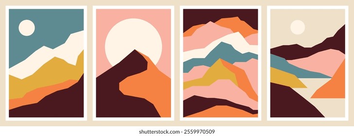 Abstract landscape backgrounds. Contemporary wall decor, bohemian posters of mountains, sun and moon. Vector art print.