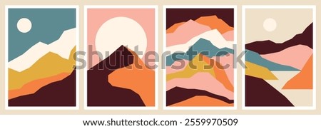 Abstract landscape backgrounds. Contemporary wall decor, bohemian posters of mountains, sun and moon. Vector art print.