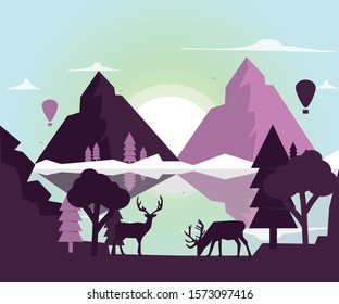 abstract landscape with balloons on a background of mountains