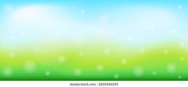 Abstract landscape banner mesh. Spring or summer. Background with blue sky, clouds, green field, white fuff. Design for web banner, cover, certificate. Cute vector illustration.