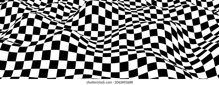 Abstract landscape of black and white squares. Optical illusion wave. Distortion effect. Vector illustration.