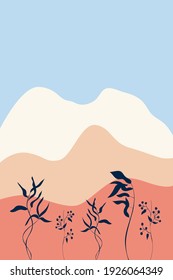 Abstract landscape and botanical elements, style of minimalism , hand drawn. Use for packaging, wallpaper, poster, room interior decor, design for textiles, postcard, concept, clipart, vector 
