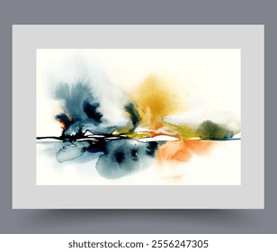 Abstract landscape with bright flashes on horizon reflected in sea or lake in foreground. Creative landscape with nautical coastline and rich colors during sunset and autumn season. Wall art, decor