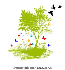 Abstract landscape butterfly tree. Vector