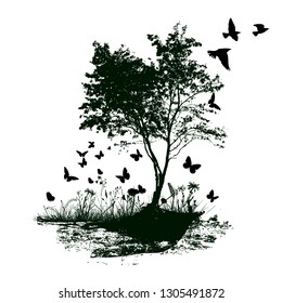 Abstract landscape butterfly tree. Vector