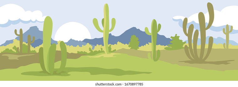 Abstract landscape with cactus / Vector illustration, narrow background, Mexico