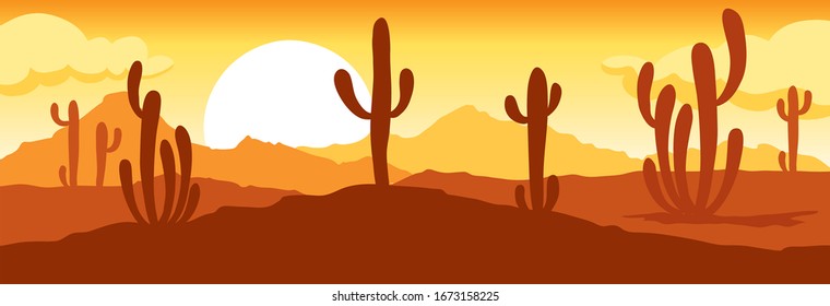 Abstract landscape with cactus. Vector illustration, narrow background, sunset in mexico