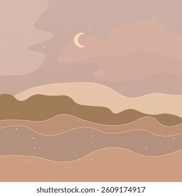 Abstract Landscape Celestial Light Pastel Peachy Pink Purple Golden Sky With Waves And Stars Magic Background Vector Design