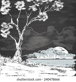 Abstract landscape with chalk. Tree on the shore of the pond.