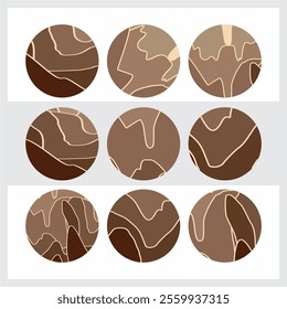 Abstract landscape circle package, brown, curved blue lines.
