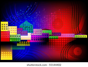 Abstract landscape of the city and its reflection in color spots