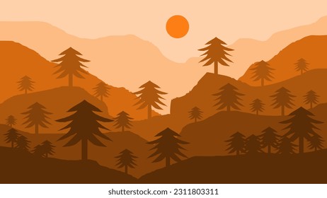 Abstract landscape of cliffs, sun and trees in flat design. Suitable for poster, banner, flyer and home wall decoration. Wallpaper for kids room, nursery