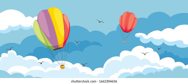 Abstract landscape with clouds. Vector illustration, festival of balloons in the sky