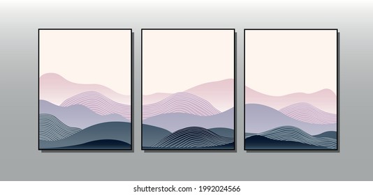 Abstract landscape in cold colors. Triptych. Interior wall decor. Home art. Vector illustration in scandinavian style.