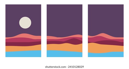 Abstract landscape collage with Full moon and purple mountains, and pink, orange and light blue with dark purple sky. Vector illustration on white background.
