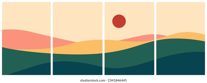 Abstract landscape collage illustration background. Modern boho background. Contemporary trendy landscape and sun. Pastel colors. Minimalist wall poster or banner. Nature wall art decor. Vector