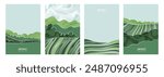 Abstract landscape collage with rice paddy, wheat field, corn, soy, tea. Green hills, vineyard, eco farm, and sustainable grassland. Organic crops, modern patchwork, nature illustration. Vector design