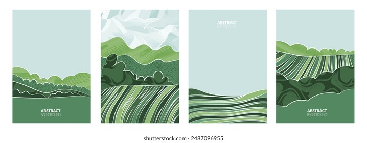 Abstract landscape collage with rice paddy, wheat field, corn, soy, tea. Green hills, vineyard, eco farm, and sustainable grassland. Organic crops, modern patchwork, nature illustration. Vector design