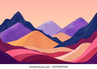 Abstract landscape with colorful hills and mountains.