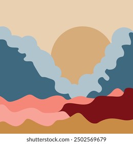 Abstract landscape with colorful layered hills and stylized sun