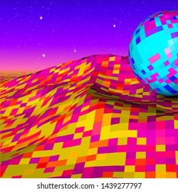 Abstract landscape with colorful vibrant mountains and blue ball in 80s neon color style and starry sky on the background