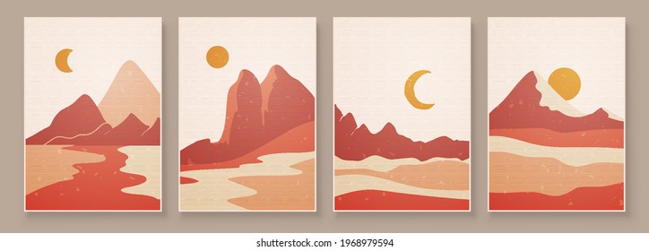 Abstract landscape composition art with sun and moon. Earth tones colors wall art. Soft color painting house decor. Minimalistic background design. Vector illustration.