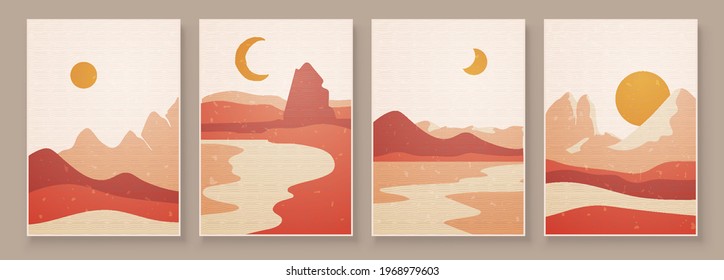 Abstract landscape composition art with sun and moon. Earth tones colors wall art. Soft color painting house decor. Minimalistic background design. Vector illustration.