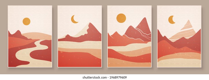 Abstract landscape composition art with sun and moon. Earth tones colors wall art. Soft color painting house decor. Minimalistic background design. Vector illustration.