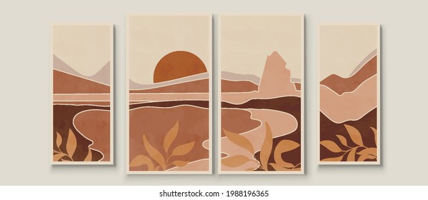 Abstract landscape composition art with sun and moon. Earth tones colors wall art. Soft color painting house decor. Minimalistic background design. Vector illustration.