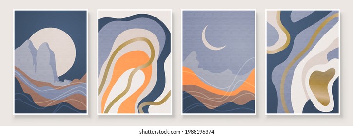 Resumen de arte de composición paisajística con sol y luna. Colores azules en el arte de las paredes. Decoración de la casa de pintar en tonos suaves. Diseño de fondo minimalista. Ilustración vectorial.