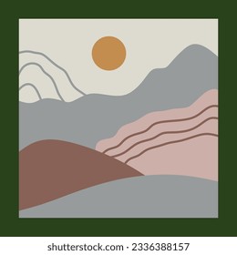 Abstract landscape composition with mountains and sun made of simple shapes and colors