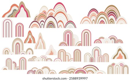 Abstract landscape composition with stylized hills and arches using muted earthy color palettes, creating a serene and modern visual harmony that evokes tranquility