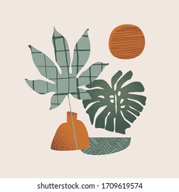 Abstract landscape concept: tropical monstera leaf one line art, geometric shapes, grunge texture. Vector summer sunset illustration for social media background, greeting cards in geo minimal design