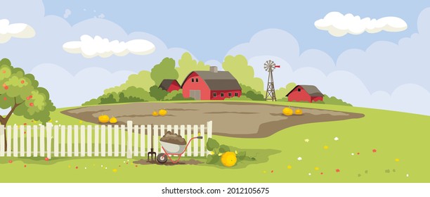 Abstract landscape -- country house. Gardening and harvesting. Vector illustration, rural view -- fields and meadows, harvest time.	