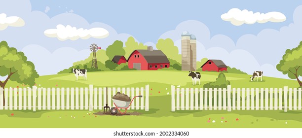 Abstract landscape -- country house. Vector illustration, rural view -- fields and meadows, summertime.	