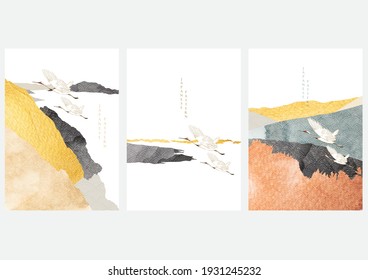 Abstract landscape with crane birds vector. Watercolor texture with mountain forest background in vintage style.