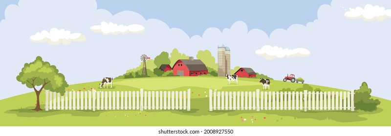 Paisaje abstracto — Explotación de vectores de granjas lecheras, vista rural — campos y prados, verano.	