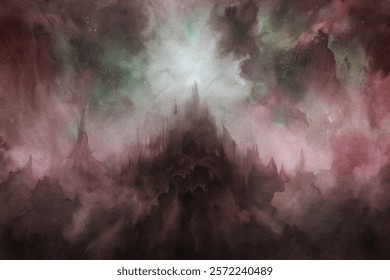 Abstract landscape, dark hues, mystical atmosphere, ethereal clouds, fantasy art, dramatic lighting, surreal scenery.