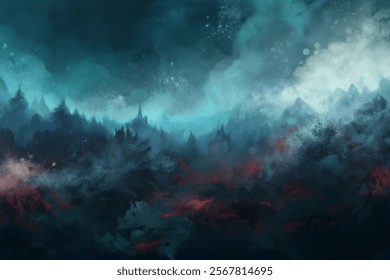 Abstract landscape, dark mountains, misty atmosphere, dramatic colors, artistic expression, digital painting, fantasy scenery.