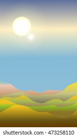 Abstract landscape of a dawn. Green, yellow and blue colors. The sun shining bright above a meadows and hills. 