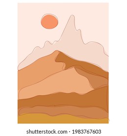 Abstract landscape. Desert. Boho style. Minimalistic landscape. One line. Trendy print of nature, for pose, for decoration, background, for packaging, for web design.