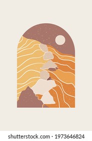 Abstract Landscape of desert vector illustration. Minimal wall art decor, Digital nature Art. Mid Century Modern print of desert and rocks.