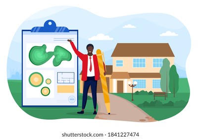 Abstraktes Landschaftsdesign-Konzept mit einem menschlichen Landschaftsdesigner, der ein Layout von Objekten entwirft. Flache Cartoon-Vektorgrafik mit fiktionalem Charakter.