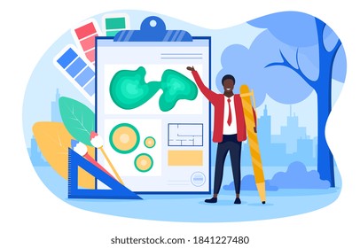 Abstract landscape design concept with a man landscape designer coming up with a layout of objects. Flat cartoon vector illustration with fictional character.
