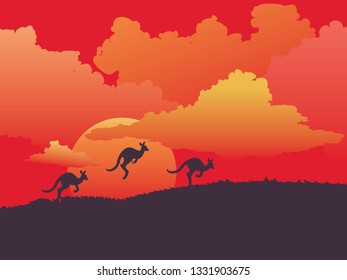 Abstract landscape design with cute kangaroo illustration.